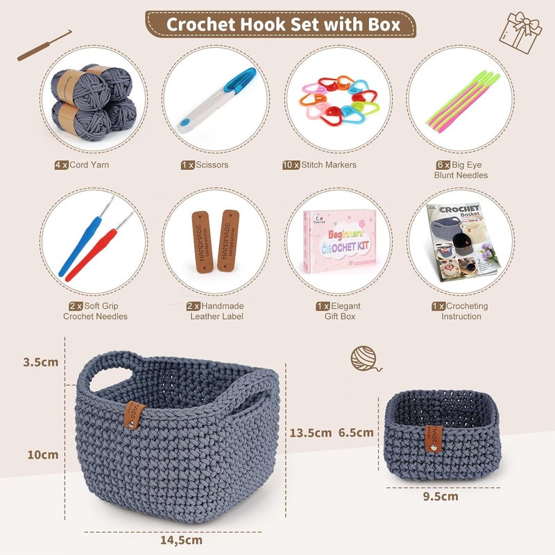 Aeelike 27PCS Crochet Basket Kit for Beginners (L&S), Complete Crocheting Basket for Storage, Knitting Starter Set with Instruction, Beginner Crochet Kit Crocheting Gift for Home Decor - Image 2